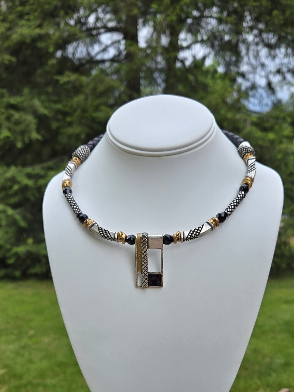 Chico's Black Leather / Beads Sliver and Gold Geometric Pendant Necklace